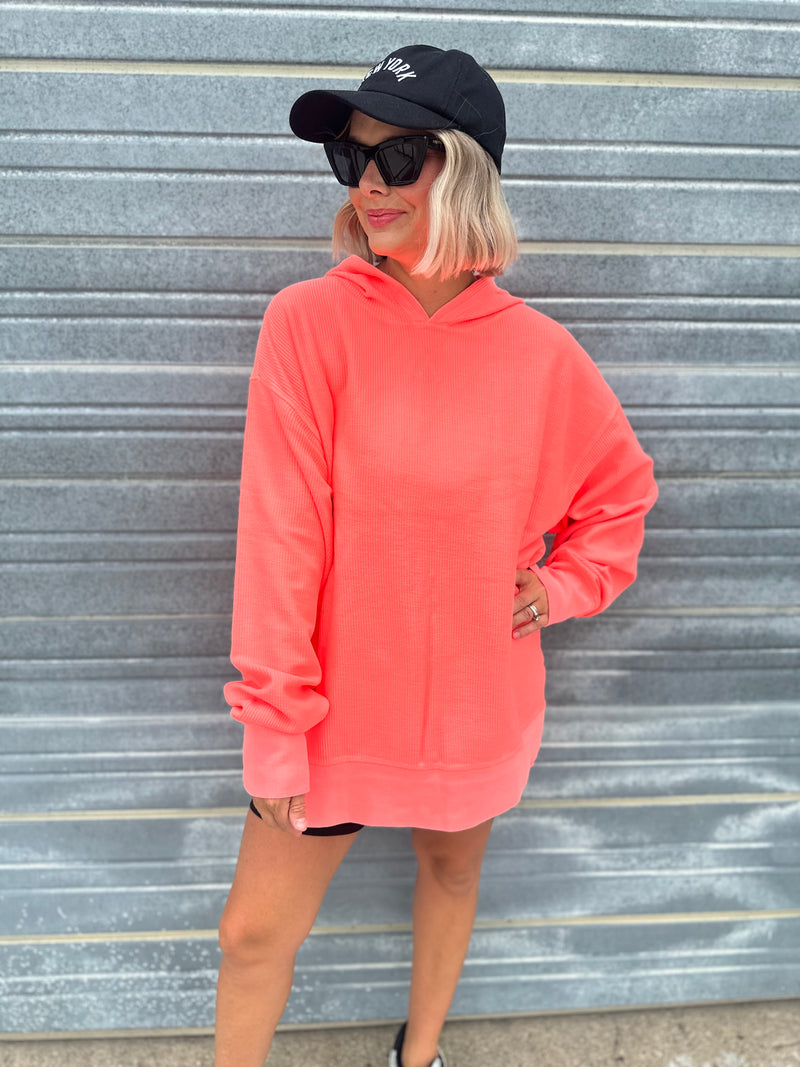 Hooded Corded Sweatshirt - Neon Coral