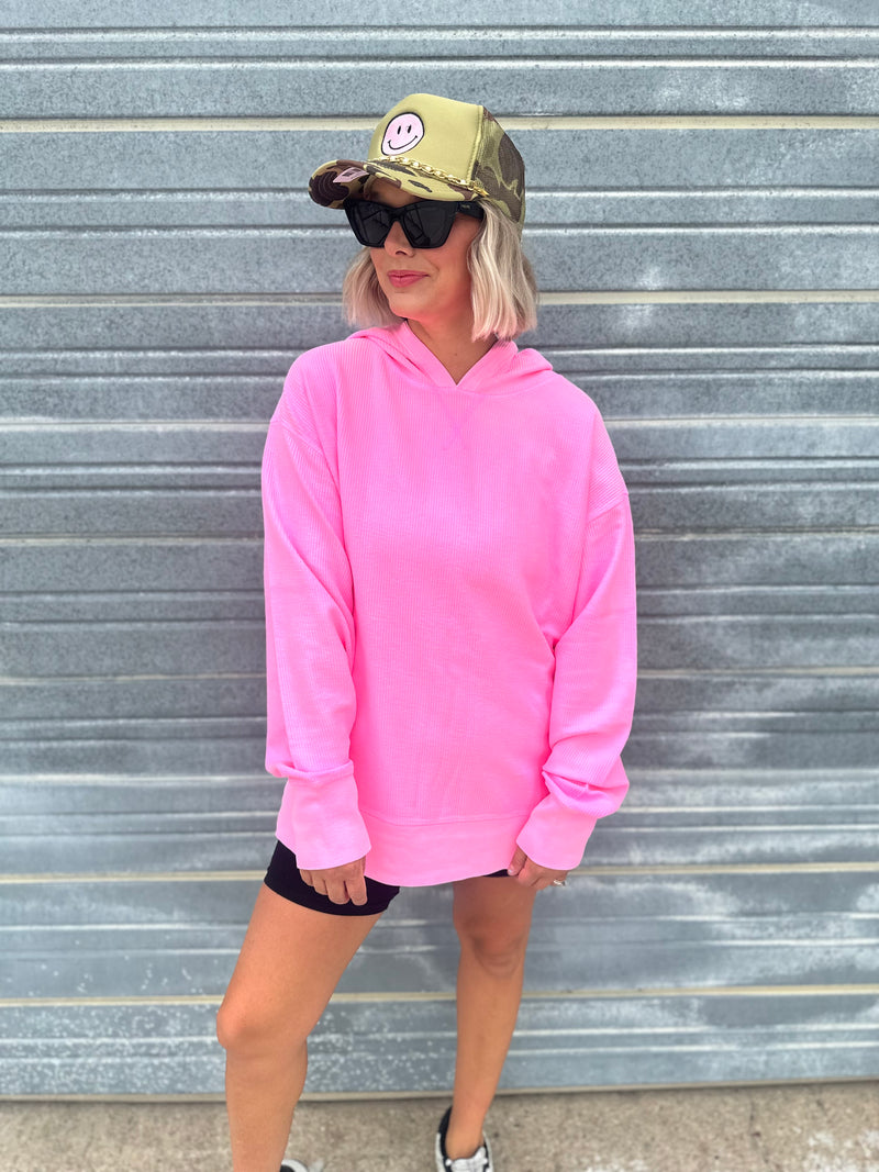 Hooded Corded Sweatshirt - Hot Pink