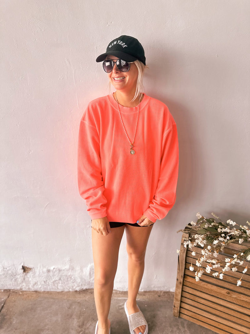 Corded Crewneck in Neon Coral