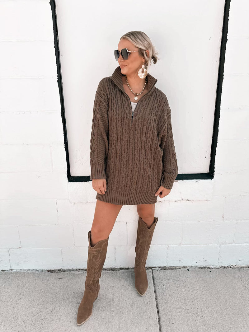 Cable Knit Sweater Dress in Espresso