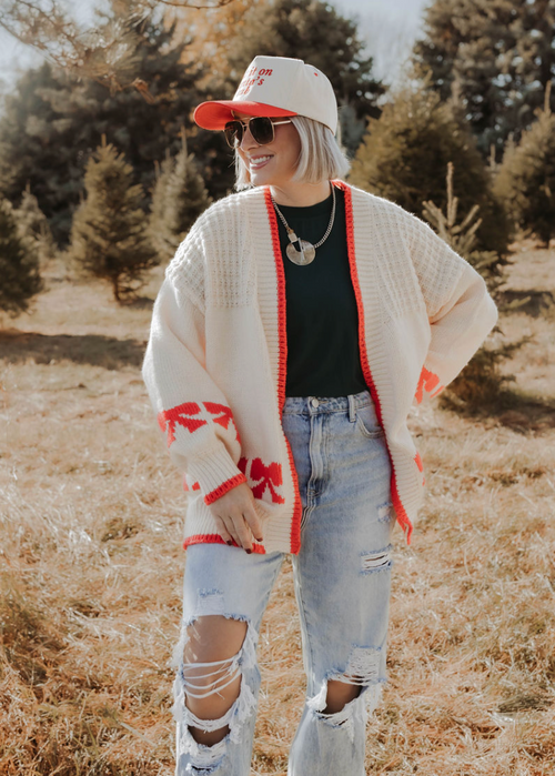 Jackson Bow Cardigan in Cream & Red