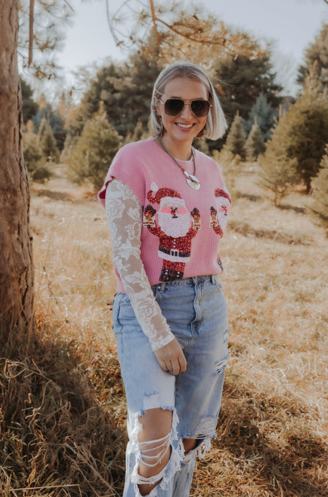 Santa Sequin Sweater Vest in Pink