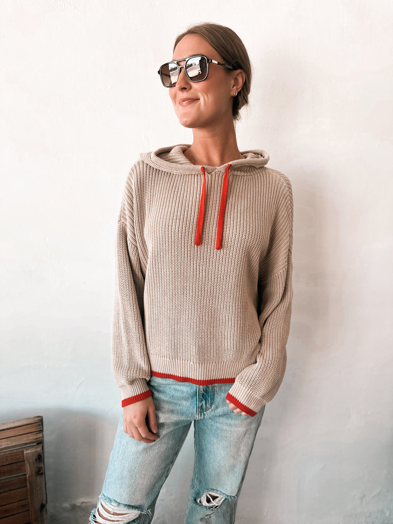 Reed Hooded Sweater in Taupe & Red