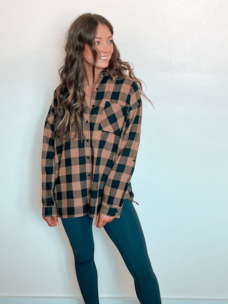 Jayla Oversized Plaid Flannel in Camel