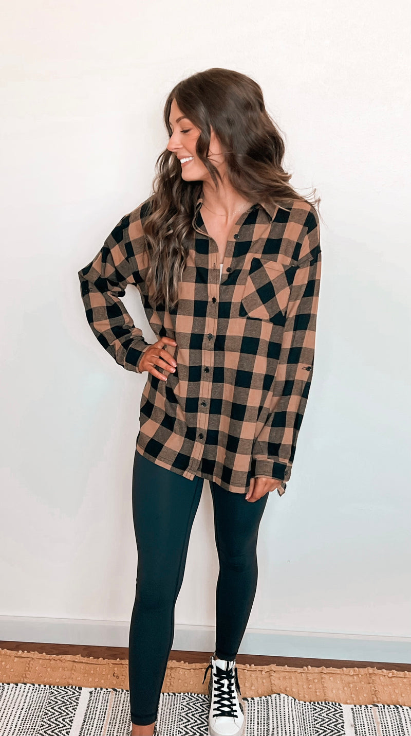 Jayla Oversized Plaid Flannel in Camel